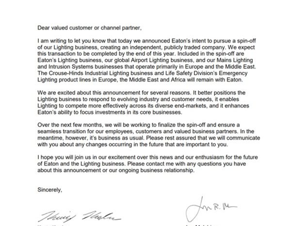 Eaton Spinning Off Lighting